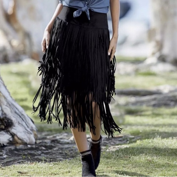 Design Lab Lord & Taylor Black Faux Suede Fairy Fringe Skirt XS Boho Whimsigoth - Picture 5 of 11